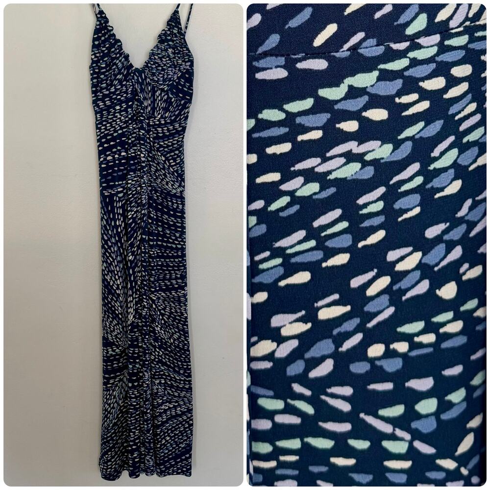 BCBG Abstract Patterned, Plunging Gathered Neckline Maxi Dress in a Navy Blue